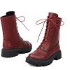 imageSHEMEE Womens Chunky Low Heels Ankle Boots Comfort Round Square Toe Lace Up Combat Boots Flats British Motorcycle Biker BootsBurgundy