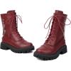 imageSHEMEE Womens Chunky Low Heels Ankle Boots Comfort Round Square Toe Lace Up Combat Boots Flats British Motorcycle Biker BootsBurgundy With Chain