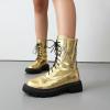 imageSHEMEE Womens Chunky Low Heels Ankle Boots Comfort Round Square Toe Lace Up Combat Boots Flats British Motorcycle Biker BootsGold