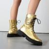 imageSHEMEE Womens Chunky Low Heels Ankle Boots Comfort Round Square Toe Lace Up Combat Boots Flats British Motorcycle Biker BootsGold