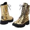 imageSHEMEE Womens Chunky Low Heels Ankle Boots Comfort Round Square Toe Lace Up Combat Boots Flats British Motorcycle Biker BootsGold