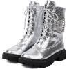 imageSHEMEE Womens Chunky Low Heels Ankle Boots Comfort Round Square Toe Lace Up Combat Boots Flats British Motorcycle Biker BootsSilver
