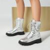 imageSHEMEE Womens Chunky Low Heels Ankle Boots Comfort Round Square Toe Lace Up Combat Boots Flats British Motorcycle Biker BootsSilver