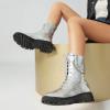 imageSHEMEE Womens Chunky Low Heels Ankle Boots Comfort Round Square Toe Lace Up Combat Boots Flats British Motorcycle Biker BootsSilver