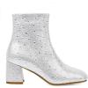 imageSHEMEE Womens Sequin Glitter Chunky Heel Booties Square Toe Sparkly Ankle Boots Mid Block Heels Wedding Bride Party ShoesSilver Rhinestone