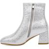 imageSHEMEE Womens Sequin Glitter Chunky Heel Booties Square Toe Sparkly Ankle Boots Mid Block Heels Wedding Bride Party ShoesSilver Rhinestone