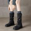 imageSHEMEE Womens Slouchy Mid Calf Boots Low Chunky Heels Motorcycle Boots Fashion Buckle Round Toe Platform Biker Riding BootsBlack