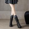 imageSHEMEE Womens Slouchy Mid Calf Boots Low Chunky Heels Motorcycle Boots Fashion Buckle Round Toe Platform Biker Riding BootsBlack