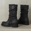 imageSHEMEE Womens Slouchy Mid Calf Boots Low Chunky Heels Motorcycle Boots Fashion Buckle Round Toe Platform Biker Riding BootsBlack