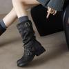 imageSHEMEE Womens Slouchy Mid Calf Boots Low Chunky Heels Motorcycle Boots Fashion Buckle Round Toe Platform Biker Riding BootsBlack