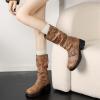 imageSHEMEE Womens Slouchy Mid Calf Boots Low Chunky Heels Motorcycle Boots Fashion Buckle Round Toe Platform Biker Riding BootsBrown