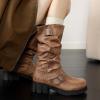 imageSHEMEE Womens Slouchy Mid Calf Boots Low Chunky Heels Motorcycle Boots Fashion Buckle Round Toe Platform Biker Riding BootsBrown