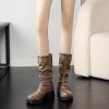 imageSHEMEE Womens Slouchy Mid Calf Boots Low Chunky Heels Motorcycle Boots Fashion Buckle Round Toe Platform Biker Riding BootsKhaki