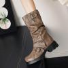 imageSHEMEE Womens Slouchy Mid Calf Boots Low Chunky Heels Motorcycle Boots Fashion Buckle Round Toe Platform Biker Riding BootsKhaki