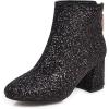 imageSHEMEE Womens Sequin Glitter Chunky Heel Booties Square Toe Sparkly Ankle Boots Mid Block Heels Wedding Bride Party ShoesBlack