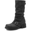 imageSHEMEE Womens Slouchy Mid Calf Boots Low Chunky Heels Motorcycle Boots Fashion Buckle Round Toe Platform Biker Riding BootsBlack