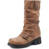 imageSHEMEE Womens Slouchy Mid Calf Boots Low Chunky Heels Motorcycle Boots Fashion Buckle Round Toe Platform Biker Riding BootsBrown