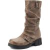 imageSHEMEE Womens Slouchy Mid Calf Boots Low Chunky Heels Motorcycle Boots Fashion Buckle Round Toe Platform Biker Riding BootsKhaki