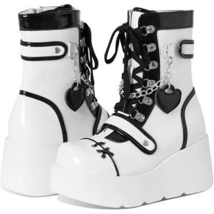 imageSHEMEE Cute Wedge Platform Biker Boots for Women Y2k Punk Riding Motorcycle Boots Chunky High Heels Zipper Lace Up Combat Ankle BootsWhite