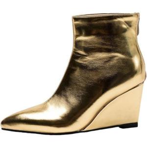 imageSHEMEE Fashion Metallic Boots for Women Wedge Heels Ankle Booties Sexy Pointy Toe High Heels ZipUp Wedding Party Dress ShoesGold Back Zip