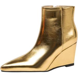imageSHEMEE Fashion Metallic Boots for Women Wedge Heels Ankle Booties Sexy Pointy Toe High Heels ZipUp Wedding Party Dress ShoesGold Side Zip