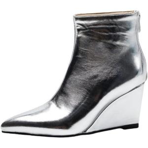imageSHEMEE Fashion Metallic Boots for Women Wedge Heels Ankle Booties Sexy Pointy Toe High Heels ZipUp Wedding Party Dress ShoesSilver Back Zip