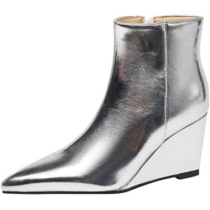 imageSHEMEE Fashion Metallic Boots for Women Wedge Heels Ankle Booties Sexy Pointy Toe High Heels ZipUp Wedding Party Dress ShoesSilver Side Zip