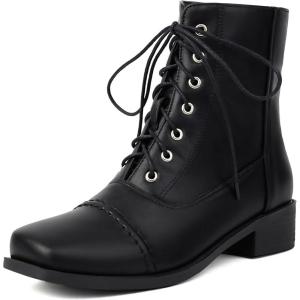 imageSHEMEE Womens Chunky Low Heels Ankle Boots Comfort Round Square Toe Lace Up Combat Boots Flats British Motorcycle Biker Boots081 Black