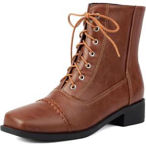 imageSHEMEE Womens Chunky Low Heels Ankle Boots Comfort Round Square Toe Lace Up Combat Boots Flats British Motorcycle Biker Boots081 Brown