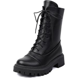 imageSHEMEE Womens Chunky Low Heels Ankle Boots Comfort Round Square Toe Lace Up Combat Boots Flats British Motorcycle Biker BootsBlack
