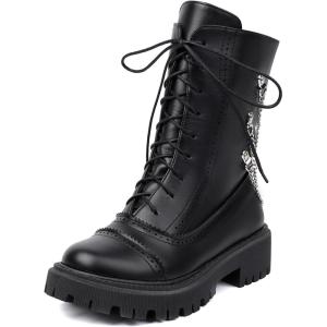 imageSHEMEE Womens Chunky Low Heels Ankle Boots Comfort Round Square Toe Lace Up Combat Boots Flats British Motorcycle Biker BootsBlack With Chain