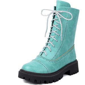imageSHEMEE Womens Chunky Low Heels Ankle Boots Comfort Round Square Toe Lace Up Combat Boots Flats British Motorcycle Biker BootsBlue