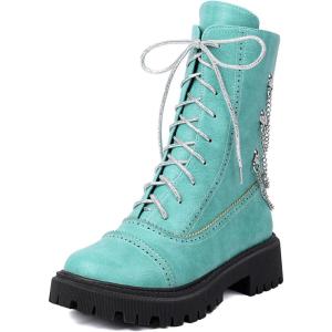 imageSHEMEE Womens Chunky Low Heels Ankle Boots Comfort Round Square Toe Lace Up Combat Boots Flats British Motorcycle Biker BootsBlue With Chain
