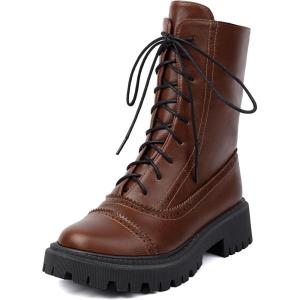 imageSHEMEE Womens Chunky Low Heels Ankle Boots Comfort Round Square Toe Lace Up Combat Boots Flats British Motorcycle Biker BootsBrown