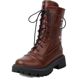 imageSHEMEE Womens Chunky Low Heels Ankle Boots Comfort Round Square Toe Lace Up Combat Boots Flats British Motorcycle Biker BootsBrown With Chain