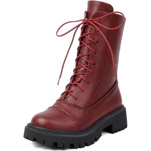 imageSHEMEE Womens Chunky Low Heels Ankle Boots Comfort Round Square Toe Lace Up Combat Boots Flats British Motorcycle Biker BootsBurgundy