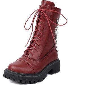 imageSHEMEE Womens Chunky Low Heels Ankle Boots Comfort Round Square Toe Lace Up Combat Boots Flats British Motorcycle Biker BootsBurgundy With Chain
