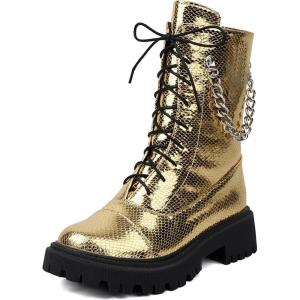 imageSHEMEE Womens Chunky Low Heels Ankle Boots Comfort Round Square Toe Lace Up Combat Boots Flats British Motorcycle Biker BootsGold