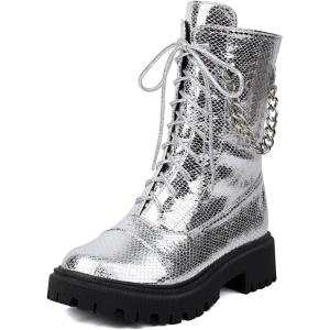 imageSHEMEE Womens Chunky Low Heels Ankle Boots Comfort Round Square Toe Lace Up Combat Boots Flats British Motorcycle Biker BootsSilver