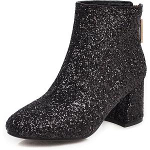 imageSHEMEE Womens Sequin Glitter Chunky Heel Booties Square Toe Sparkly Ankle Boots Mid Block Heels Wedding Bride Party ShoesBlack