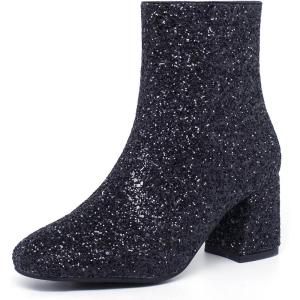 imageSHEMEE Womens Sequin Glitter Chunky Heel Booties Square Toe Sparkly Ankle Boots Mid Block Heels Wedding Bride Party ShoesBlack1