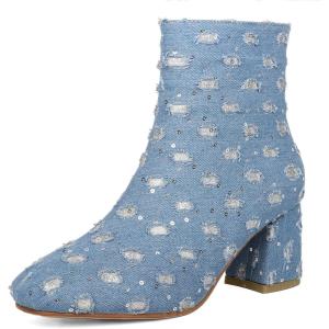 imageSHEMEE Womens Sequin Glitter Chunky Heel Booties Square Toe Sparkly Ankle Boots Mid Block Heels Wedding Bride Party ShoesBlue Denim