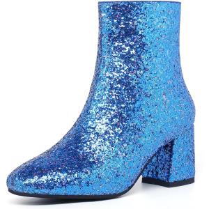 imageSHEMEE Womens Sequin Glitter Chunky Heel Booties Square Toe Sparkly Ankle Boots Mid Block Heels Wedding Bride Party ShoesBlue1