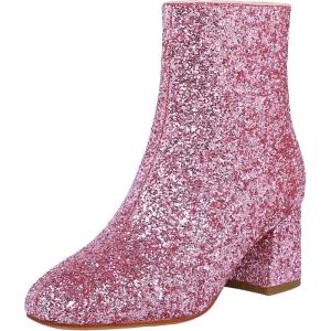 imageSHEMEE Womens Sequin Glitter Chunky Heel Booties Square Toe Sparkly Ankle Boots Mid Block Heels Wedding Bride Party ShoesHot Pink1
