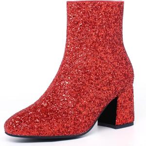 imageSHEMEE Womens Sequin Glitter Chunky Heel Booties Square Toe Sparkly Ankle Boots Mid Block Heels Wedding Bride Party ShoesRed1
