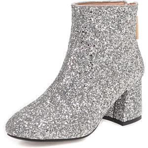 imageSHEMEE Womens Sequin Glitter Chunky Heel Booties Square Toe Sparkly Ankle Boots Mid Block Heels Wedding Bride Party ShoesSilver