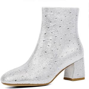 imageSHEMEE Womens Sequin Glitter Chunky Heel Booties Square Toe Sparkly Ankle Boots Mid Block Heels Wedding Bride Party ShoesSilver Rhinestone