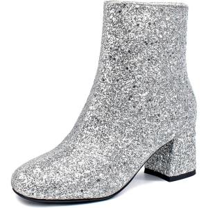 imageSHEMEE Womens Sequin Glitter Chunky Heel Booties Square Toe Sparkly Ankle Boots Mid Block Heels Wedding Bride Party ShoesSilver1