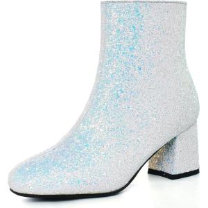 imageSHEMEE Womens Sequin Glitter Chunky Heel Booties Square Toe Sparkly Ankle Boots Mid Block Heels Wedding Bride Party ShoesWhite1