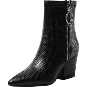 imageSHEMEE Womens Snakeskin Chunky High Heels Booties Pointed Toe Block Heel Snake Print Side Zipper Ankle Boots Fashion Dress ShoesBlack